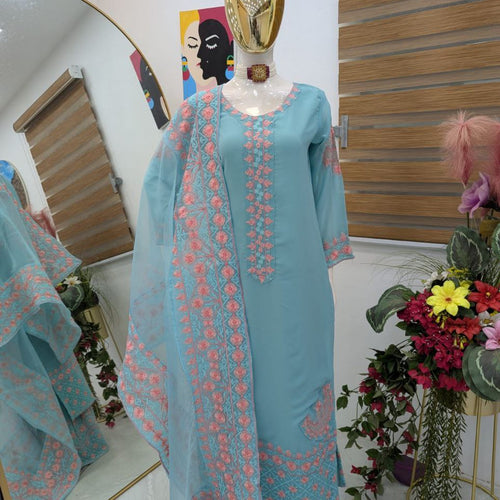 Sky Blue Color Embroidery Georgette Designer Palazzo Suit