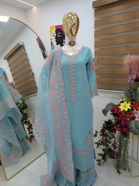 Sky Blue Color Embroidery Georgette Designer Palazzo Suit