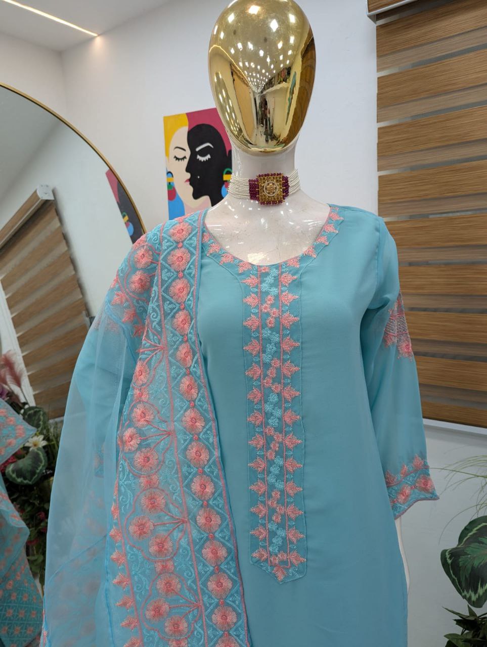 Sky Blue Color Embroidery Georgette Designer Palazzo Suit