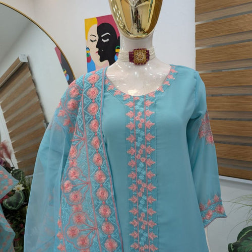 Sky Blue Color Embroidery Georgette Designer Palazzo Suit