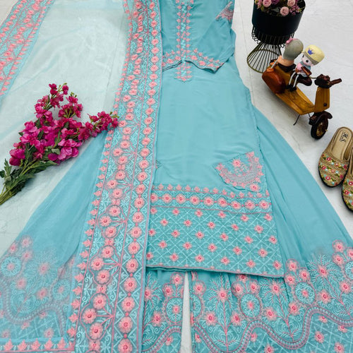 Sky Blue Color Embroidery Georgette Designer Palazzo Suit