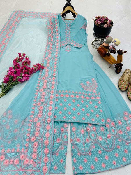 Sky Blue Color Embroidery Georgette Designer Palazzo Suit