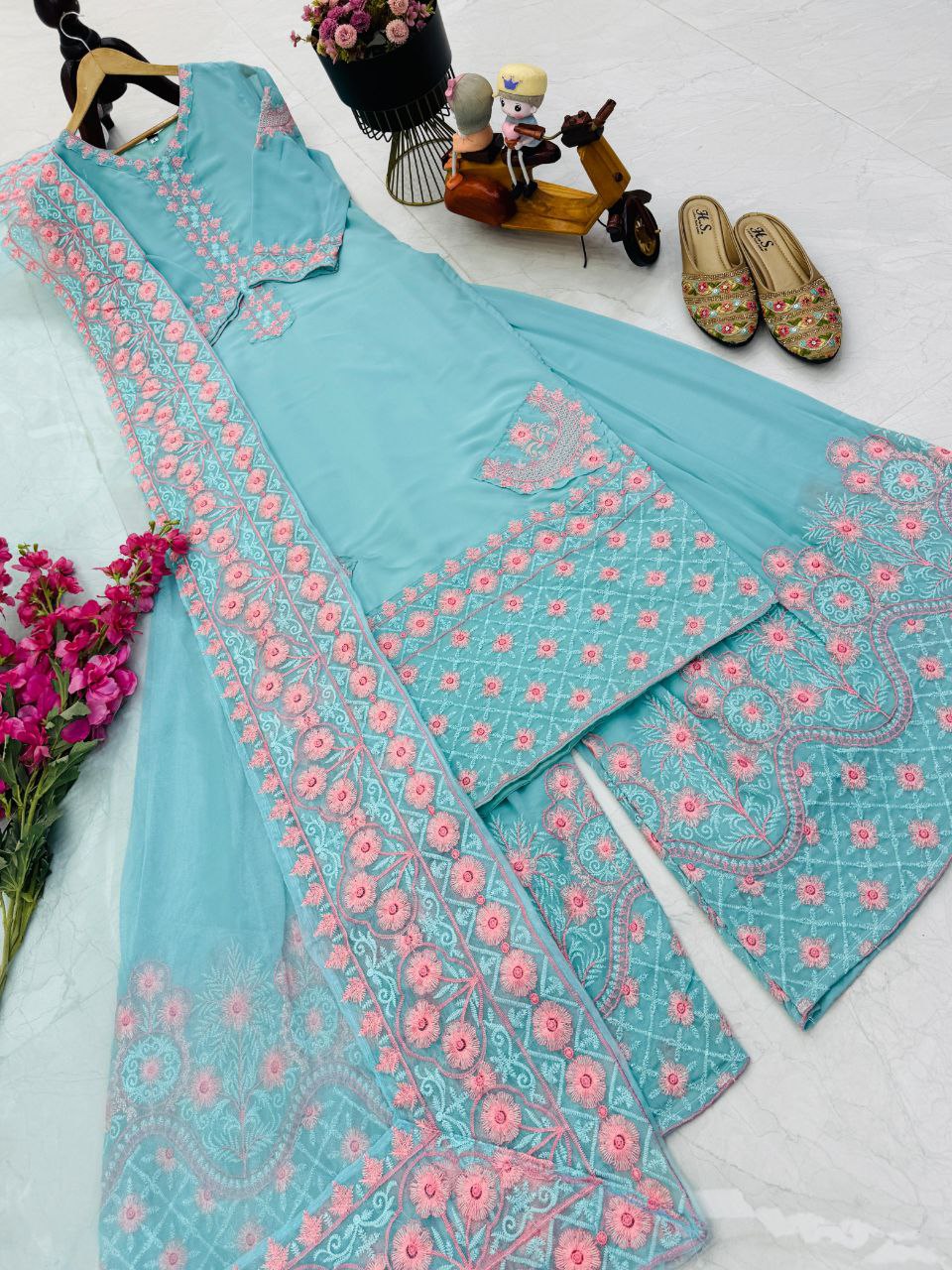 Sky Blue Color Embroidery Georgette Designer Palazzo Suit