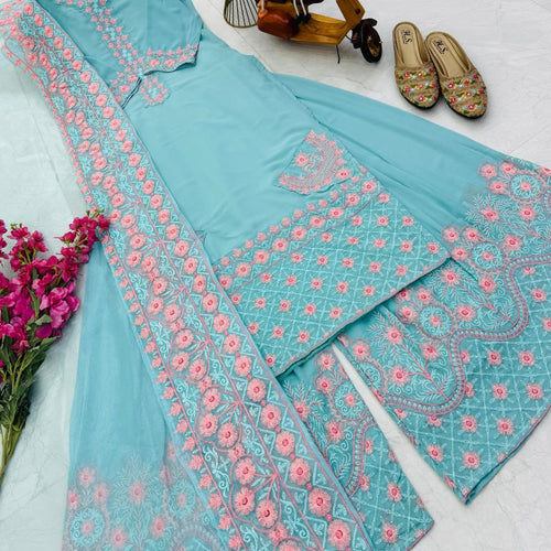 Sky Blue Color Embroidery Georgette Designer Palazzo Suit