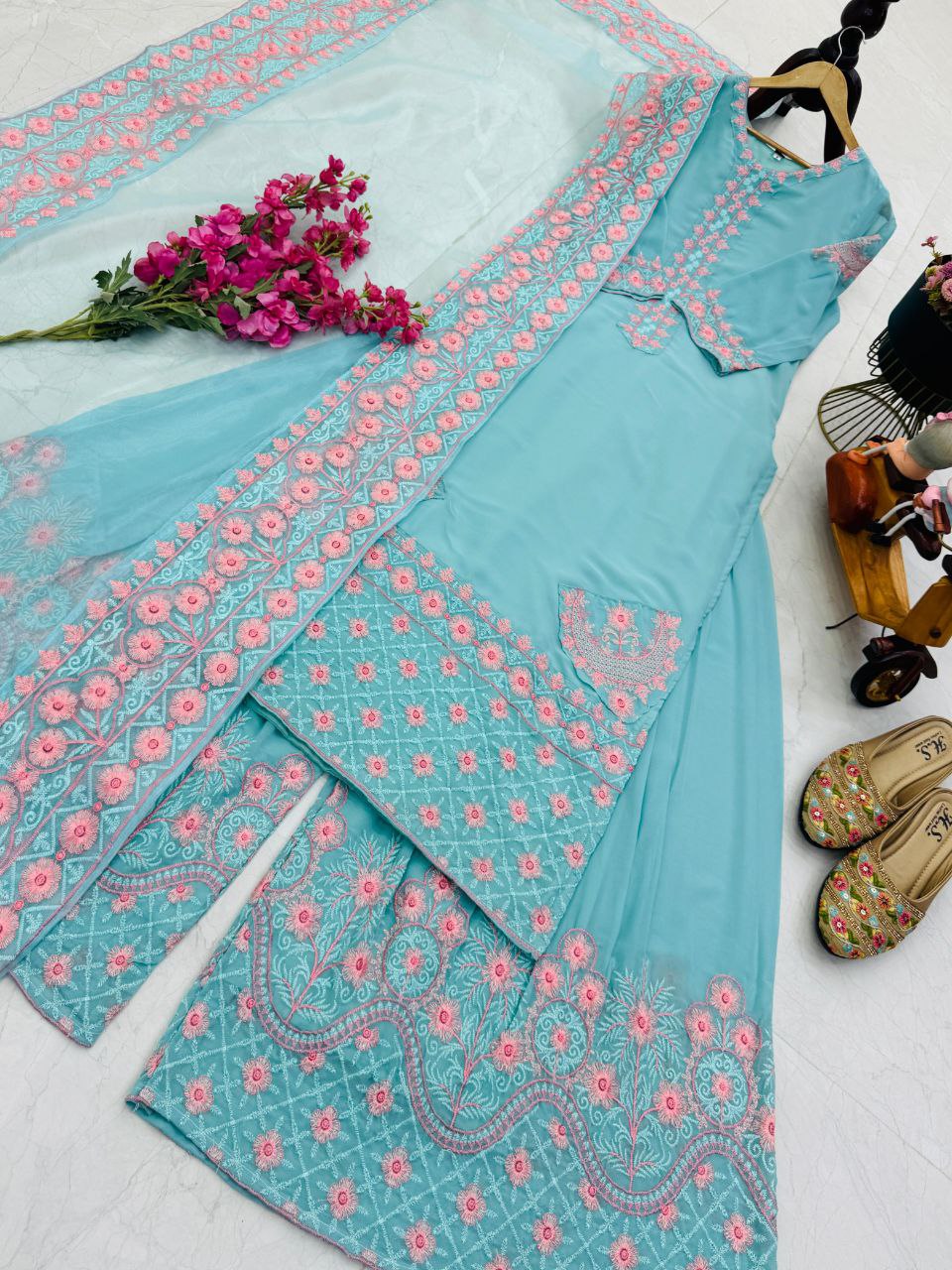 Sky Blue Color Embroidery Georgette Designer Palazzo Suit