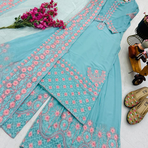 Sky Blue Color Embroidery Georgette Designer Palazzo Suit