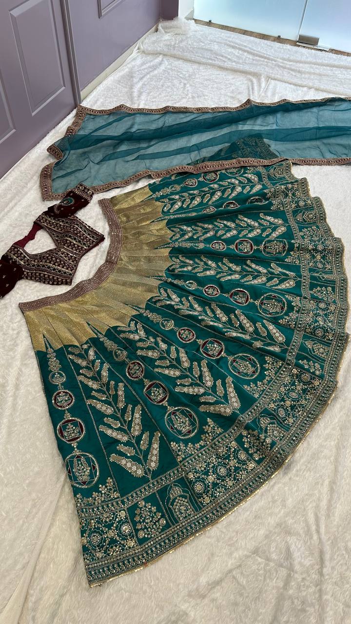 Teal Green Color Heavy Thread  Zari with Sequence Work  Designer Lehenga Choli