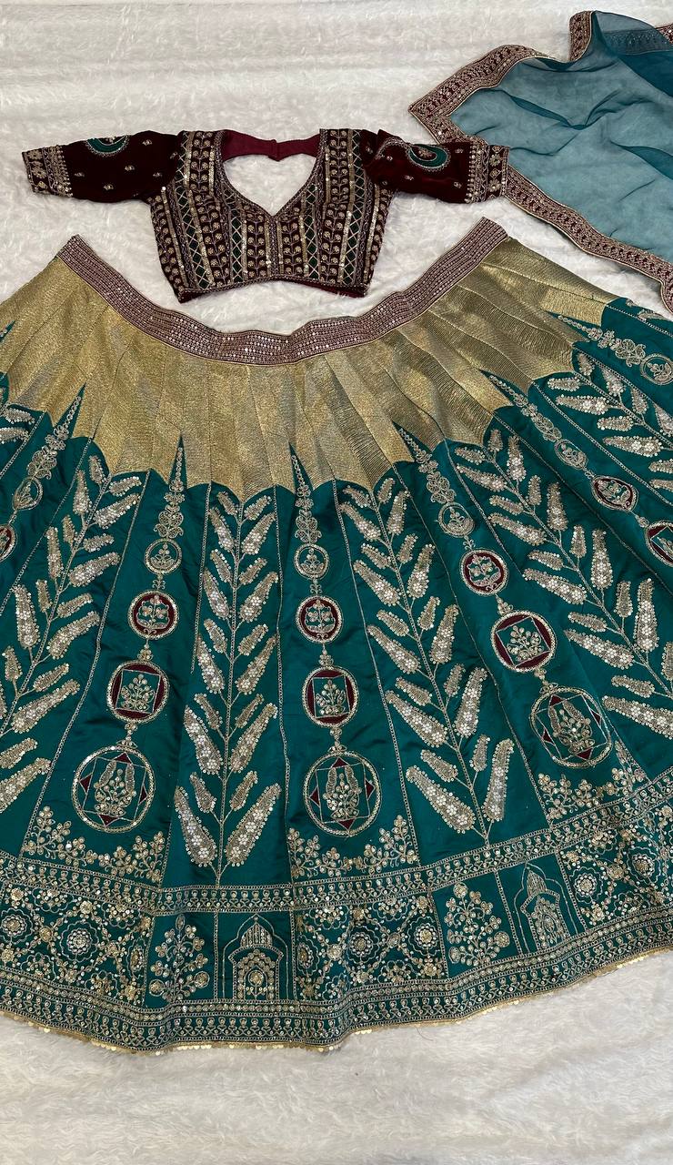 Teal Green Color Heavy Thread  Zari with Sequence Work  Designer Lehenga Choli