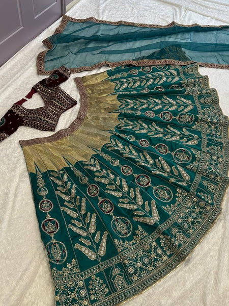 Teal Green Color Heavy Thread  Zari with Sequence Work  Designer Lehenga Choli
