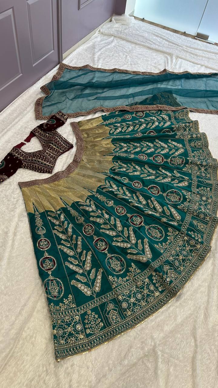 Teal Green Color Heavy Thread  Zari with Sequence Work  Designer Lehenga Choli