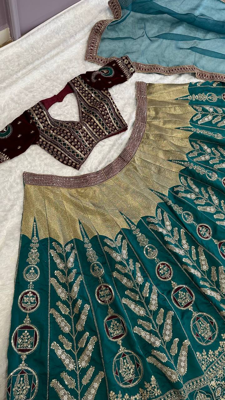 Teal Green Color Heavy Thread  Zari with Sequence Work  Designer Lehenga Choli