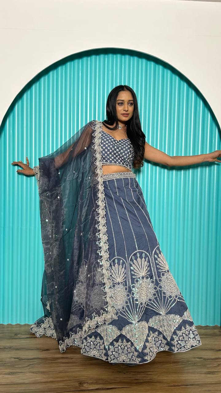 Gray Color Heavy  Sequence  With Thread Work  Designer Lehenga Choli