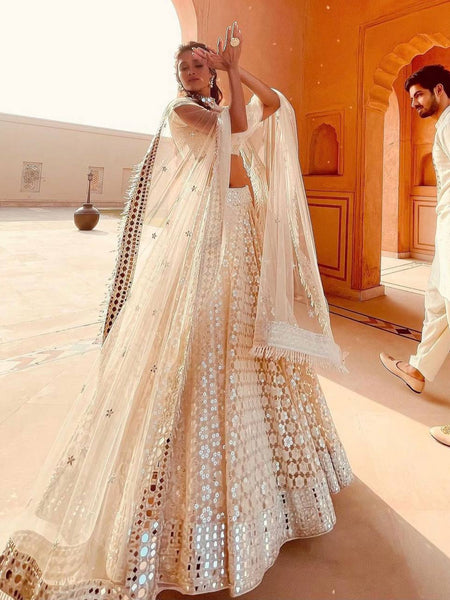 White Color Heavy Thread With Papper Mirror Work Designer Lehenga Choli