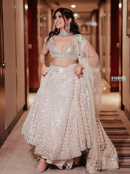 White Color Heavy Thread With Papper Mirror Work Designer Lehenga Choli