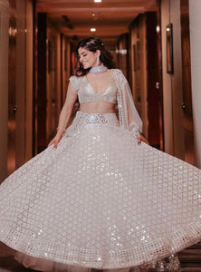 White Color Heavy Thread With Papper Mirror Work Designer Lehenga Choli