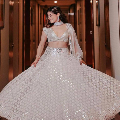 White Color Heavy Thread With Papper Mirror Work Designer Lehenga Choli