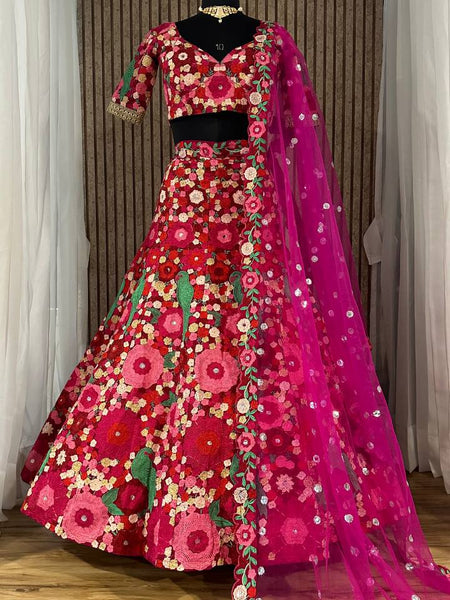 Pink Color Heavy  Chainstich Embroidery Work Lehenga Choli