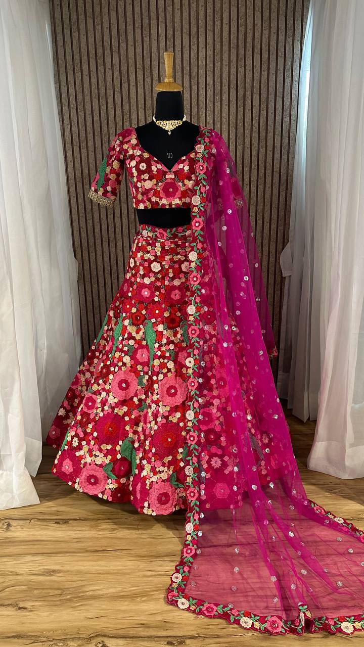 Pink Color Heavy  Chainstich Embroidery Work Lehenga Choli