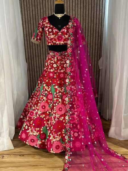 Pink Color Heavy  Chainstich Embroidery Work Lehenga Choli