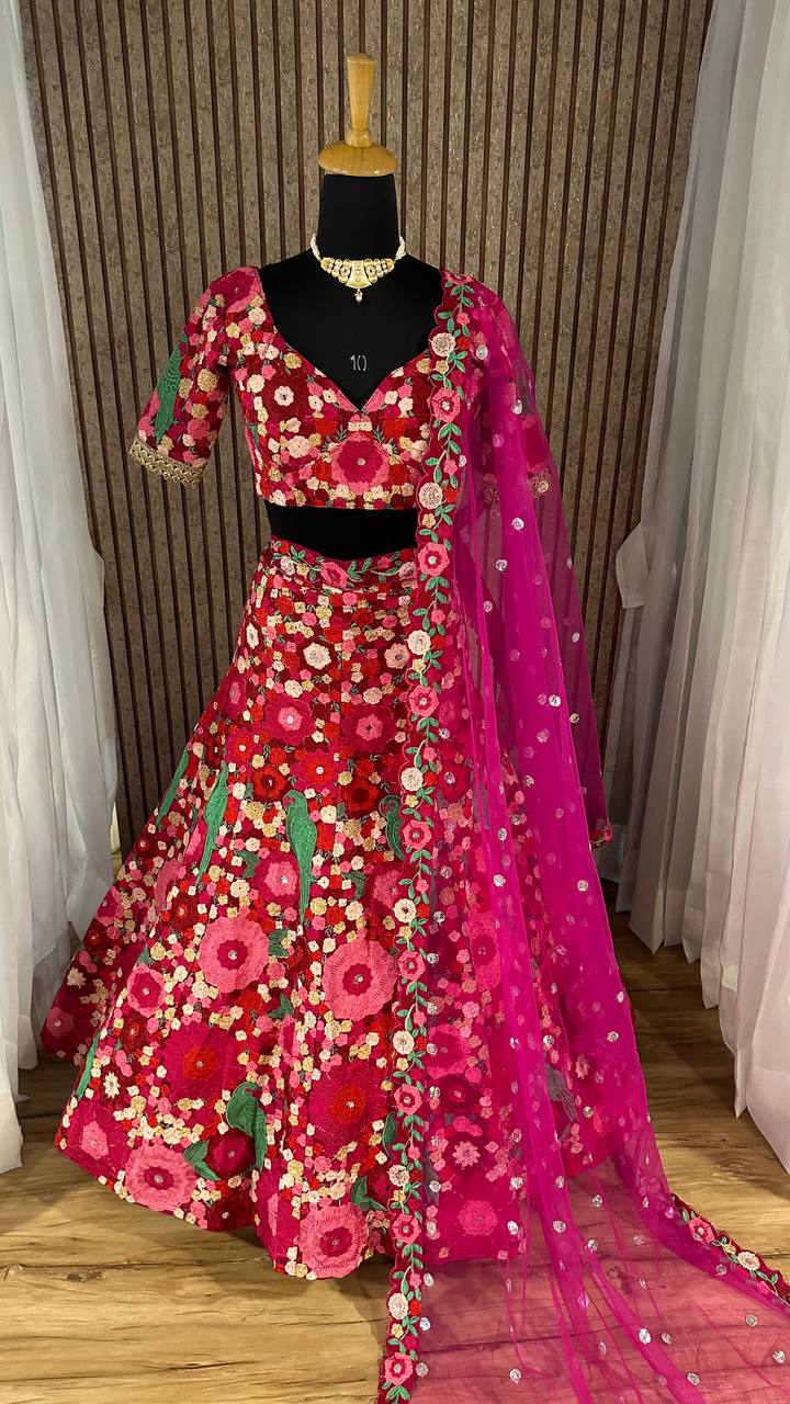 Pink Color Heavy  Chainstich Embroidery Work Lehenga Choli