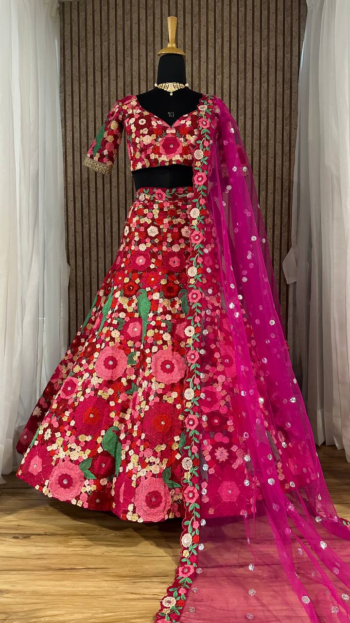 Pink Color Heavy  Chainstich Embroidery Work Lehenga Choli