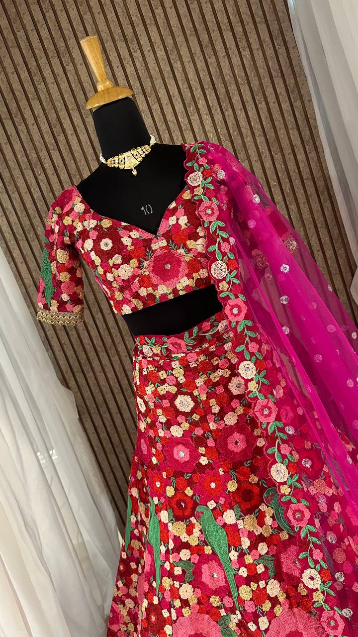 Pink Color Heavy  Chainstich Embroidery Work Lehenga Choli