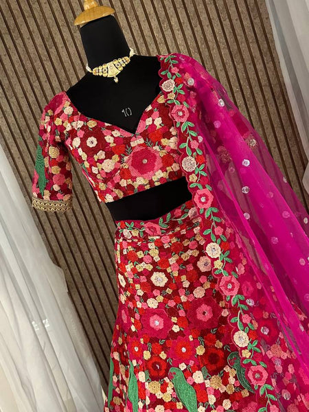 Pink Color Heavy  Chainstich Embroidery Work Lehenga Choli