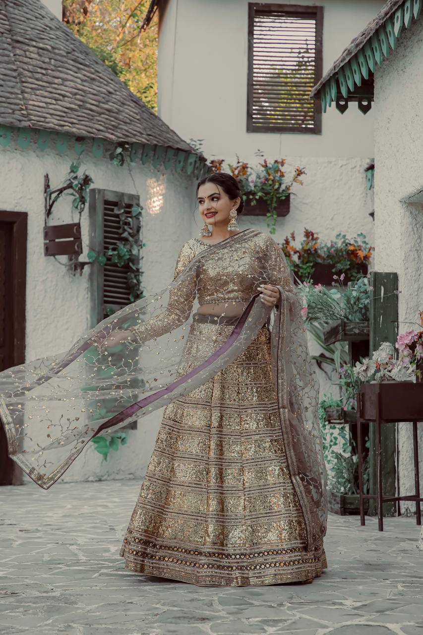 Golden Color Heavy  Sequence Work Designer Wedding Wear Lehenga Choli