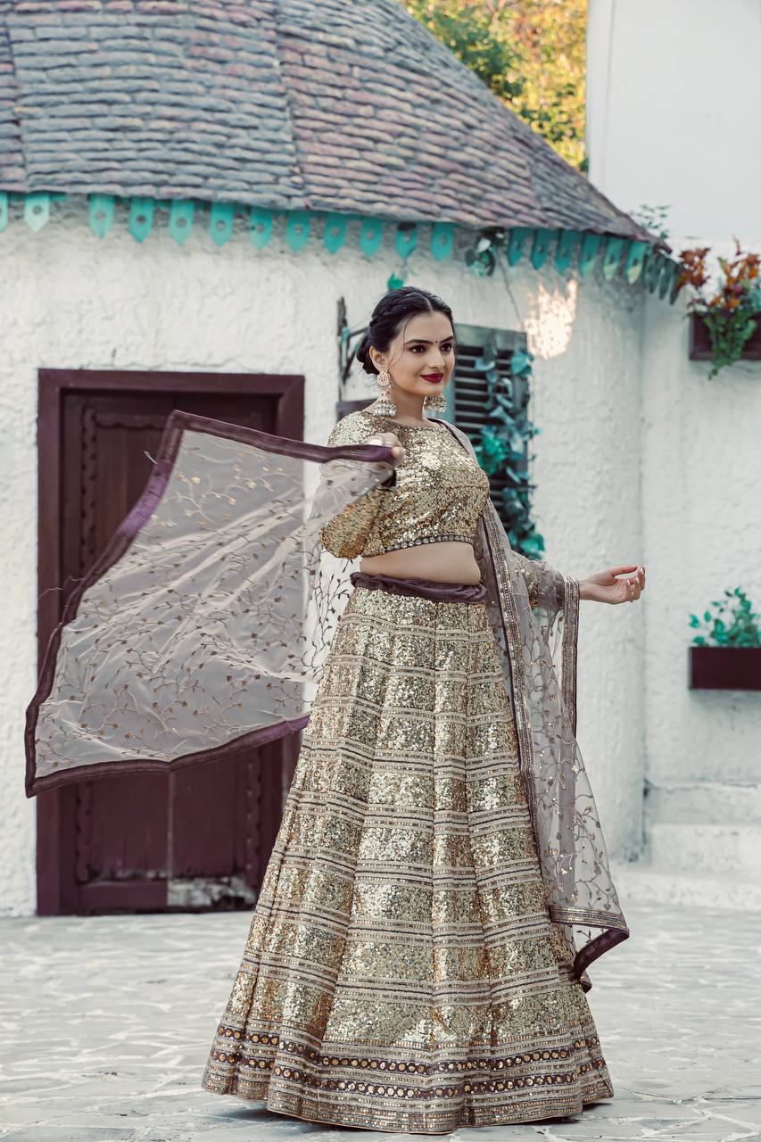 Golden Color Heavy  Sequence Work Designer Wedding Wear Lehenga Choli