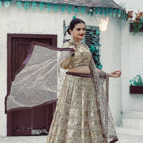 Golden Color Heavy  Sequence Work Designer Wedding Wear Lehenga Choli