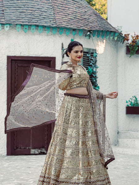 Golden Color Heavy  Sequence Work Designer Wedding Wear Lehenga Choli