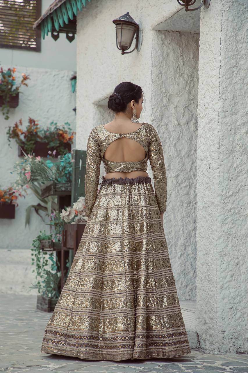 Golden Color Heavy  Sequence Work Designer Wedding Wear Lehenga Choli
