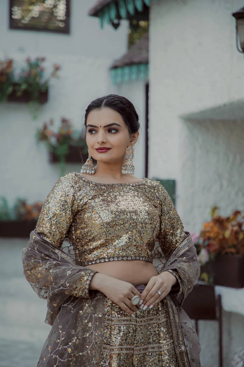 Golden Color Heavy  Sequence Work Designer Wedding Wear Lehenga Choli