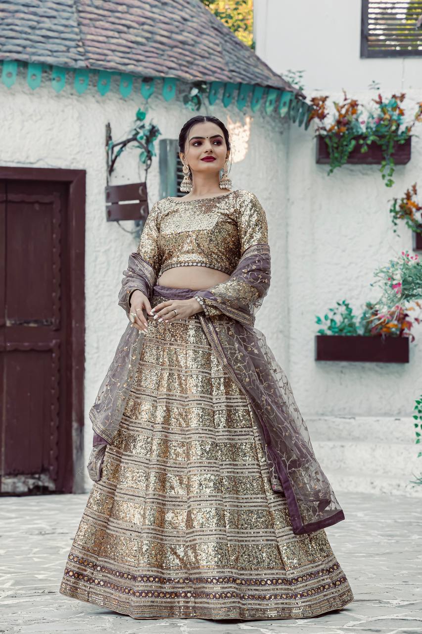 Golden Color Heavy  Sequence Work Designer Wedding Wear Lehenga Choli