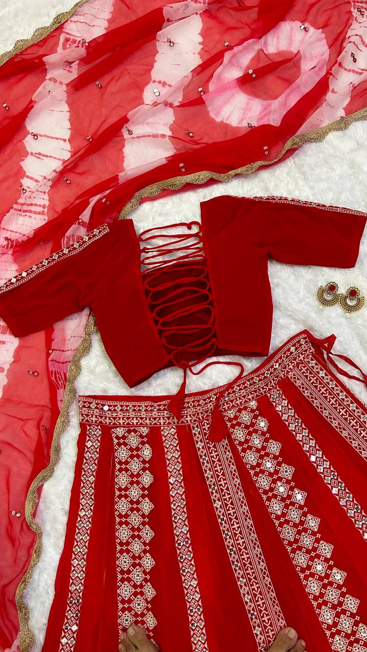 Red Color Heavy Thread With Sequence Work  Designer Lehenga Choli