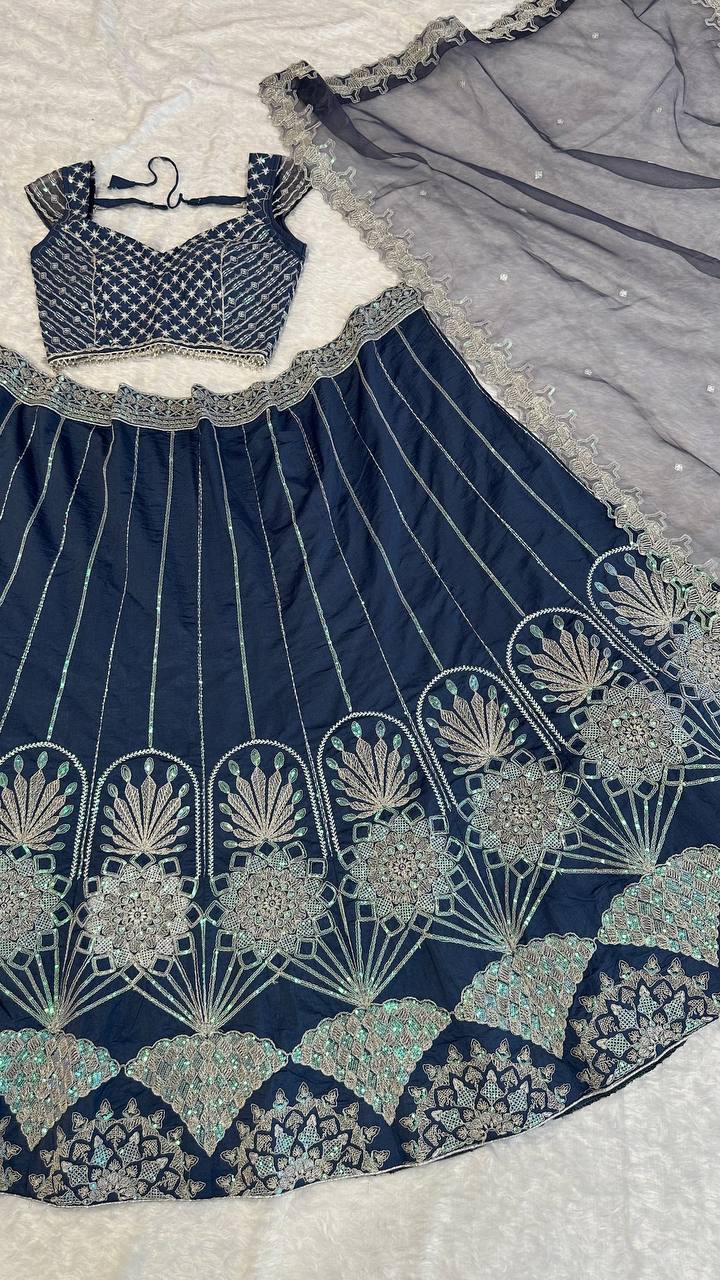 Navy Blue Color Thread With Sequence Work  Designer Lehenga Choli