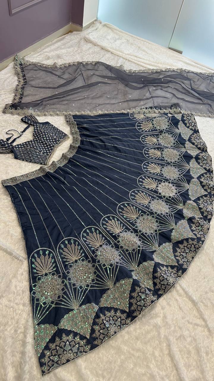 Navy Blue Color Thread With Sequence Work  Designer Lehenga Choli