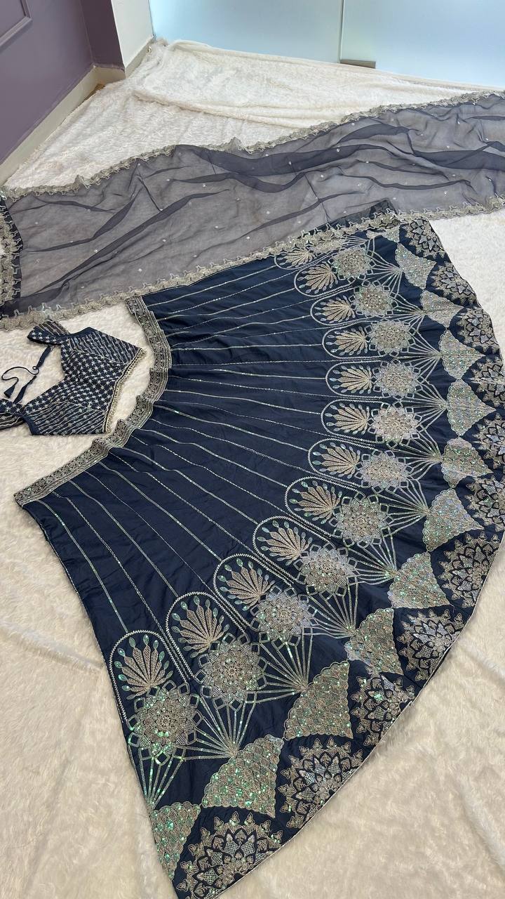 Navy Blue Color Thread With Sequence Work  Designer Lehenga Choli