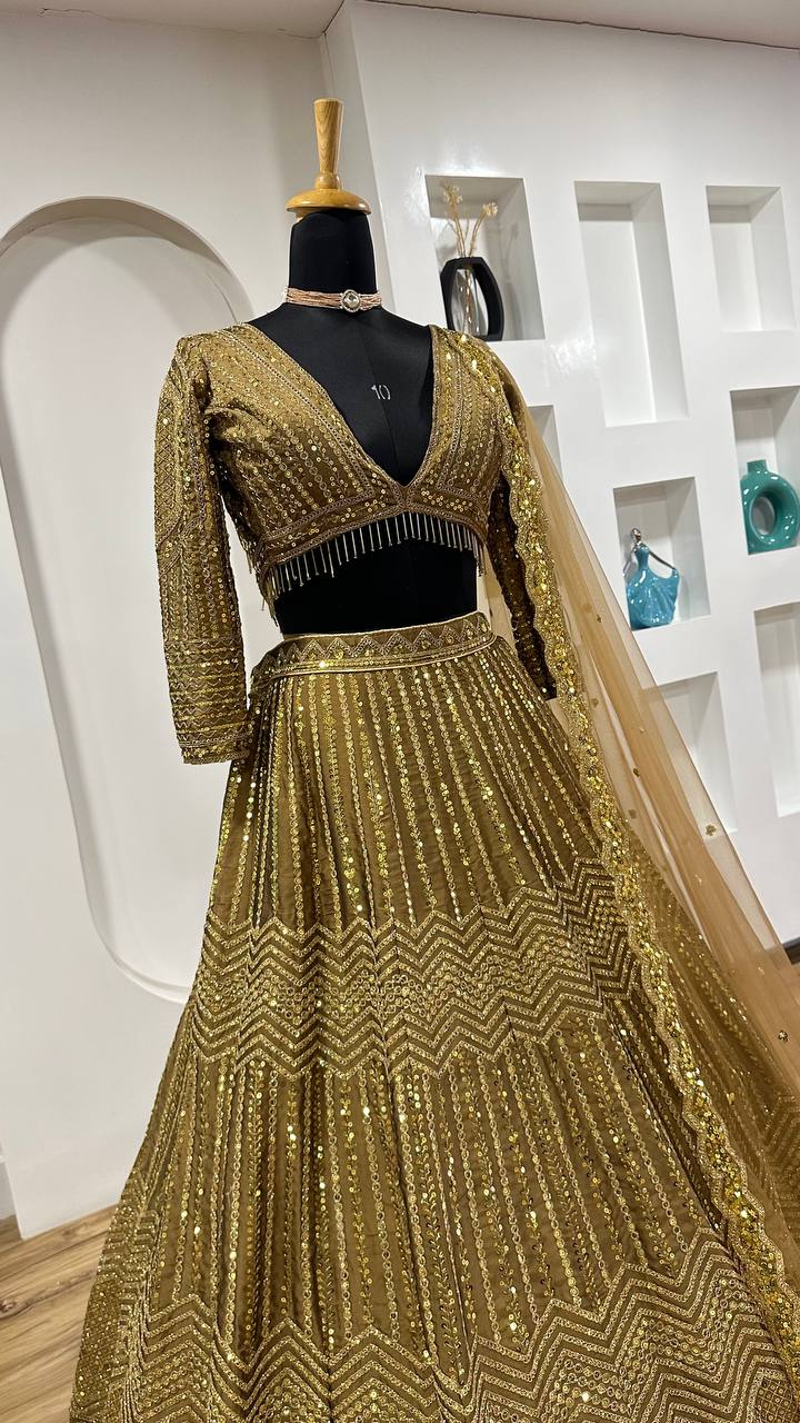 Golden Color Heavy Sequence Work  Designer Lehenga Choli