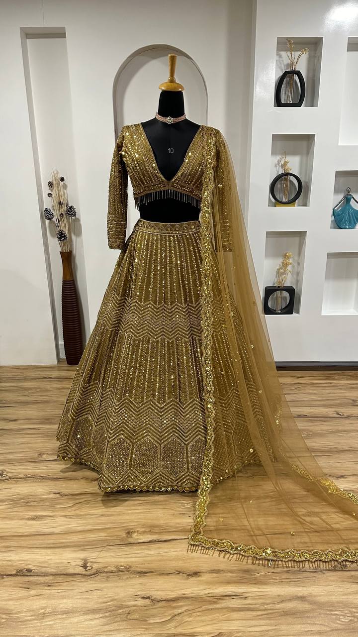 Golden Color Heavy Sequence Work  Designer Lehenga Choli