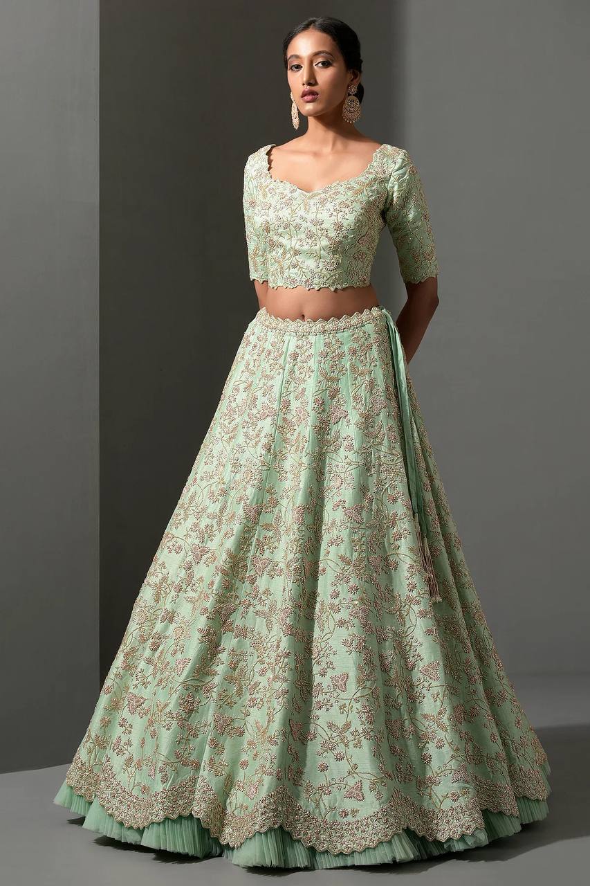 Pista Color Thread With Sequins Work Wedding Wear Designer Lehenga Choli