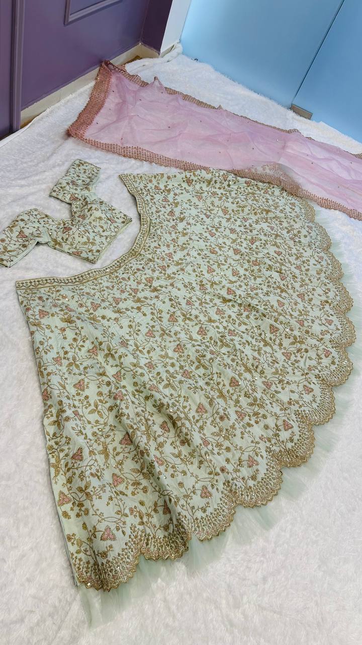 Pista Color Thread With Sequins Work Wedding Wear Designer Lehenga Choli