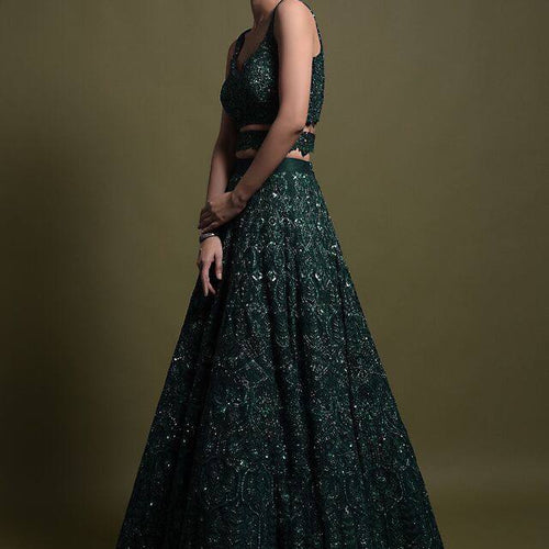 Green Color Thread With Sequins Work  Designer Lehenga Choli