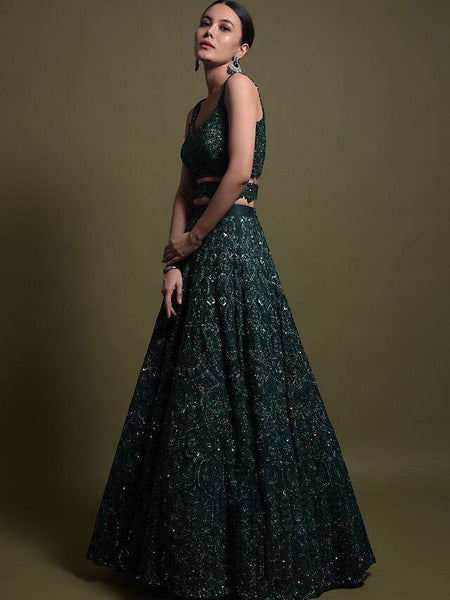 Green Color Thread With Sequins Work  Designer Lehenga Choli
