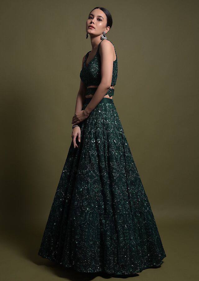 Green Color Thread With Sequins Work  Designer Lehenga Choli