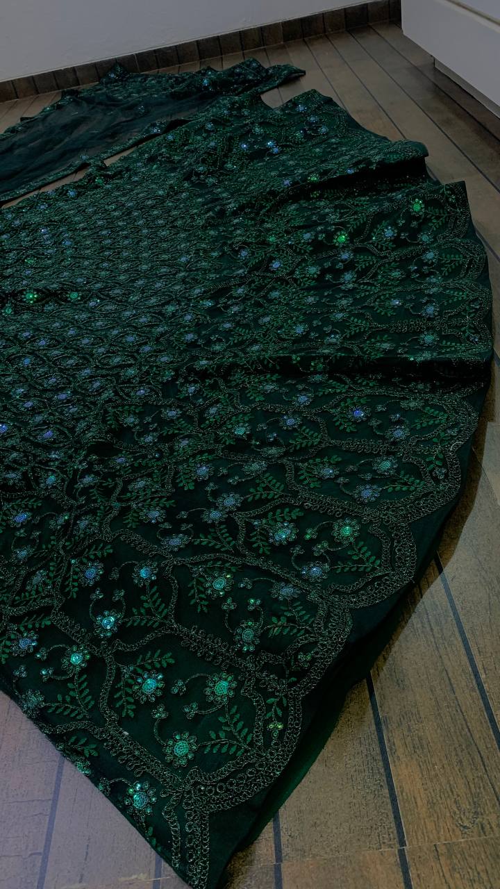 Green Color Thread With Sequins Work  Designer Lehenga Choli