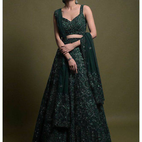 Green Color Thread With Sequins Work  Designer Lehenga Choli