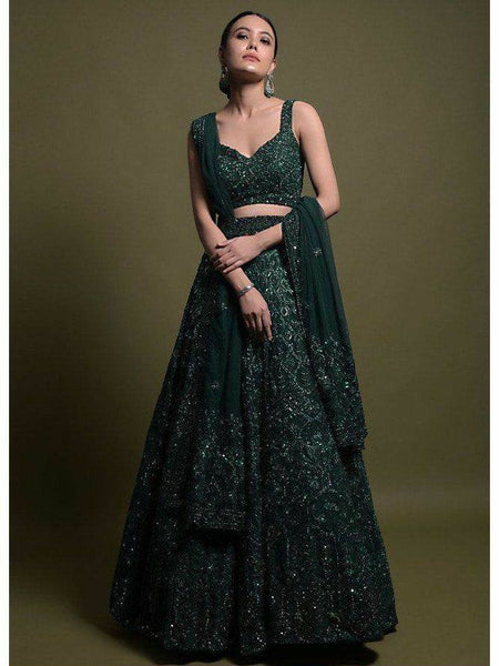 Green Color Thread With Sequins Work  Designer Lehenga Choli
