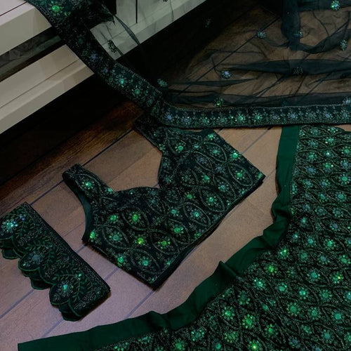Green Color Thread With Sequins Work  Designer Lehenga Choli
