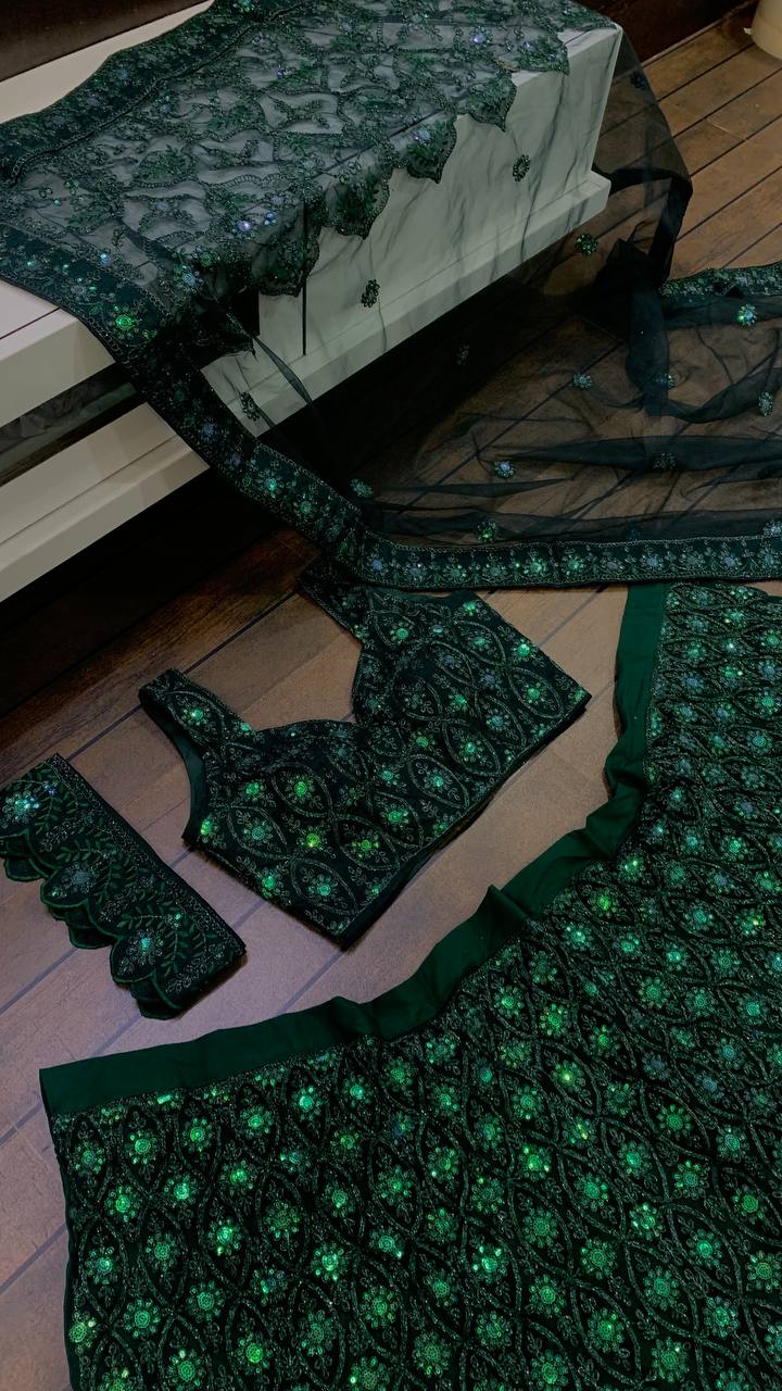 Green Color Thread With Sequins Work  Designer Lehenga Choli